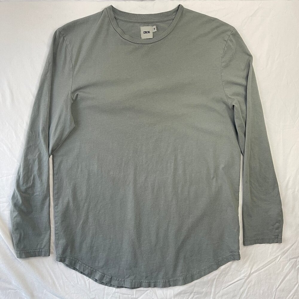 ASOS Garment Dyed Long Sleeve Tee Men's Medium Scallop Hem Sage Green Cotton